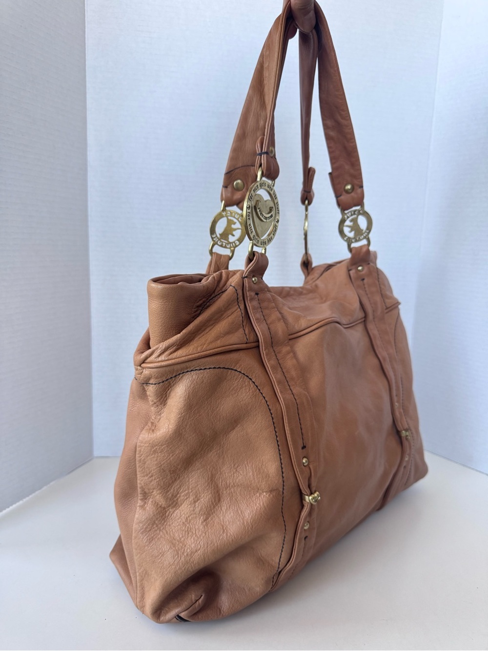 Vintage Y2K JUICY COUTURE Brown Tan Leather Hobo Tote Shoulder Bag Gold Logo Dog - Picture 4 of 16